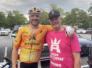 Danny Summerhill and REIGN Storm Racing team director Thomas Craven before the 2024 Athens Twilight Criterium, where the US rider finished second