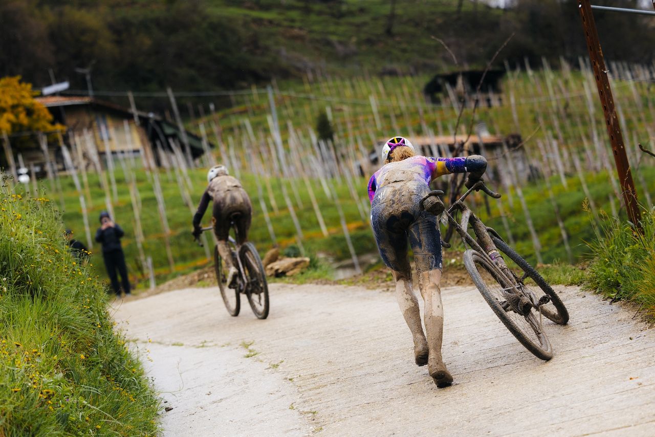 Slippery cement surface adds to the challenge for Geerike Schreurs, as she has to let Morgan Aguirre pedal away