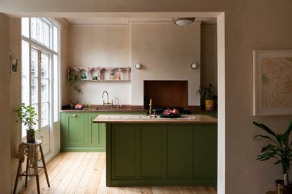 Green kitchen with plaster walls and ceiling