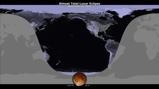 This map shows where the lunar eclipse will be visible at the time of greatest eclipse. Earlier parts of the eclipse will be visible farther east, while later times will be visible farther west.