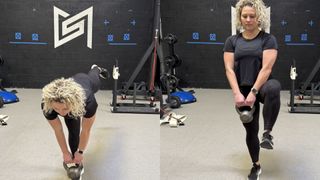 Two images side by side of a woman demonstrating two positions of the single-leg Romanian deadlift to knee raise exercise in gym