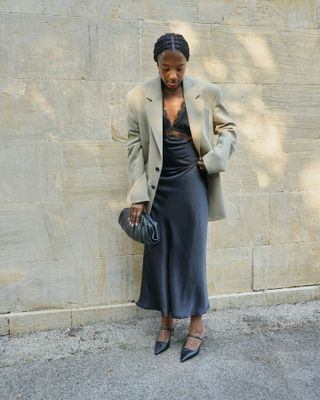 Classic looks: @taffymsipa wears a blazer with a slip dress and heels