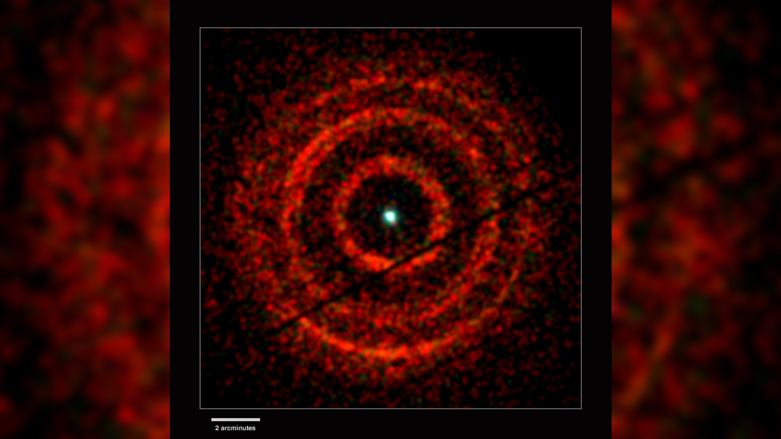 An image of multiple fuzzy red rings surrounding a single point of light