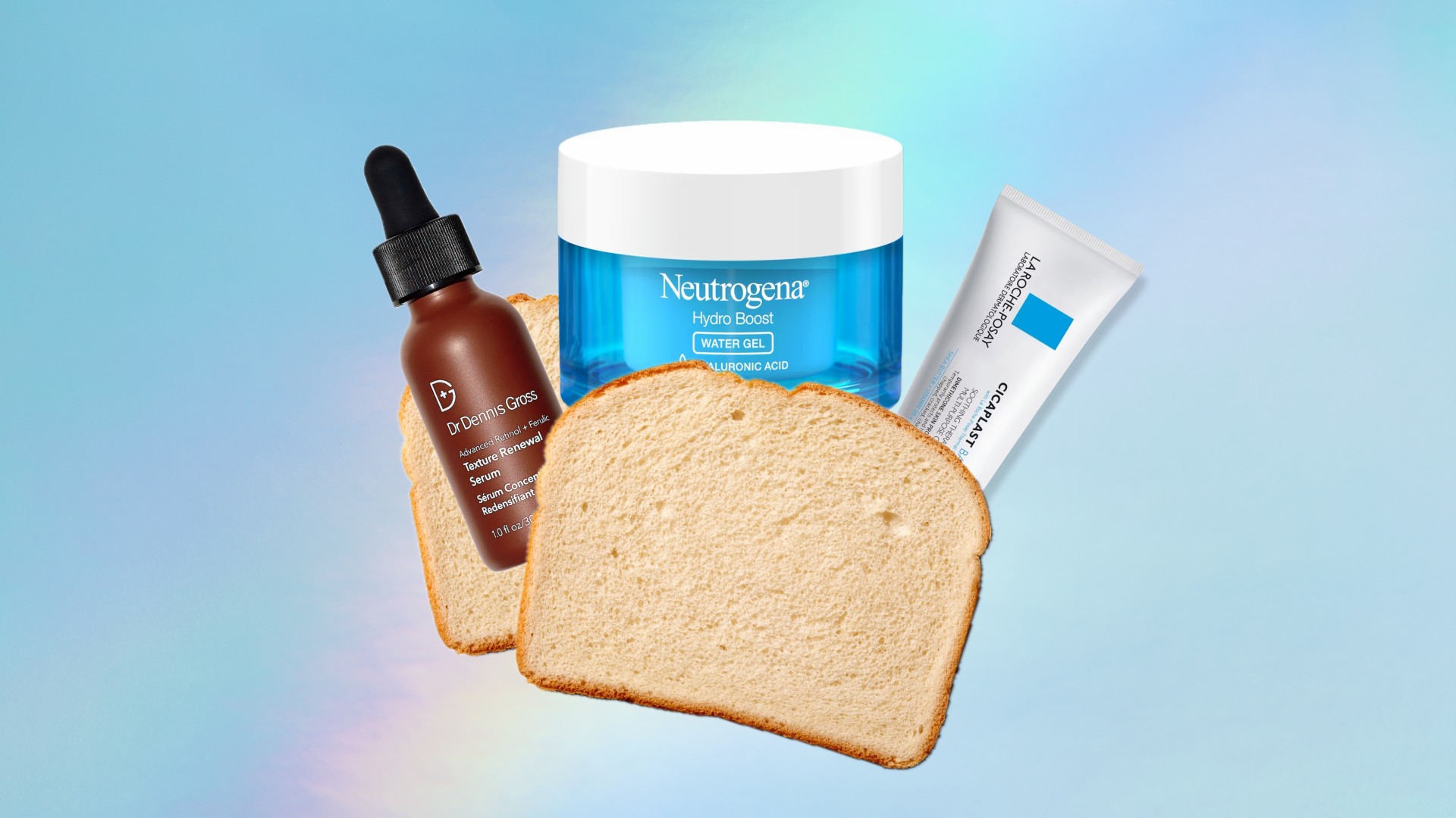 an edited photo featuring three skincare products sandwiched in between two pieces of white bread