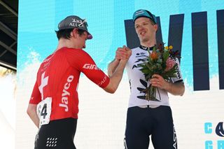 GEELONG AUSTRALIA FEBRUARY 02 LR The race winner Mauro Schmid of Switzerland and Team Jayco AlUla and the second classified Aaron Murray Gate of New Zealand and XDS Astana Team congratulate each other at podium during the 9th Cadel Evans Great Ocean Road Race 2025 Mens Elite a 1838km one day race from Geelong to Geelong UCIWT on February 02 2025 in Geelong Australia Photo by Dario BelingheriGetty Images