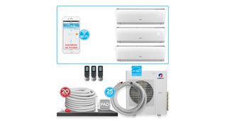 Gree MULTI24HP312: Image showing air conditioner kit with remote control and pipework