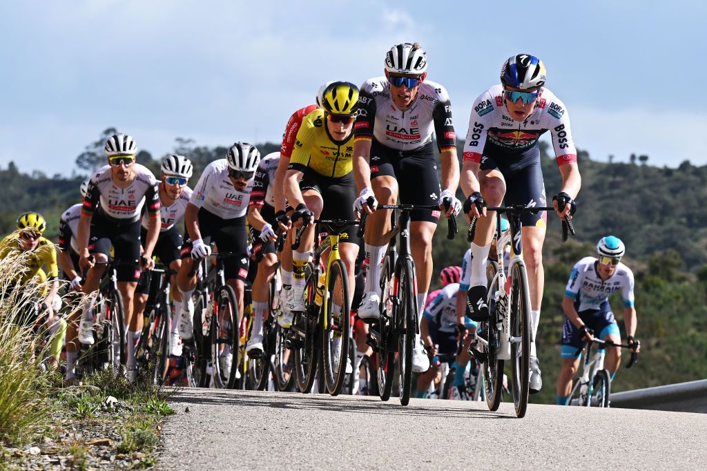 FARO PORTUGAL FEBRUARY 22 LR Nils Politt of Germany and UAE Team Emirates XRG and Callum Thornley of Great Britain and Team Red Bull BORA hansgrohe lead the peloton during the 51st Volta ao Algarve em Bicicleta Stage 4 a 1752km stage from Albufeira to Faro on February 22 2025 in Faro Portugal Photo by Tim de WaeleGetty Images