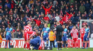 Sunderland fans celebrate during a break in play at the Sky Bet League 1 match between Wycombe Wanderers and Sunderland at Adams Park, High Wycombe, England on Saturday 9th March 2019. (Photo by MI News/NurPhoto via Getty Images)