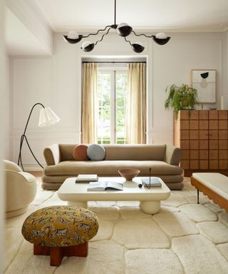 Living room with a sofa upholstered with corduroy