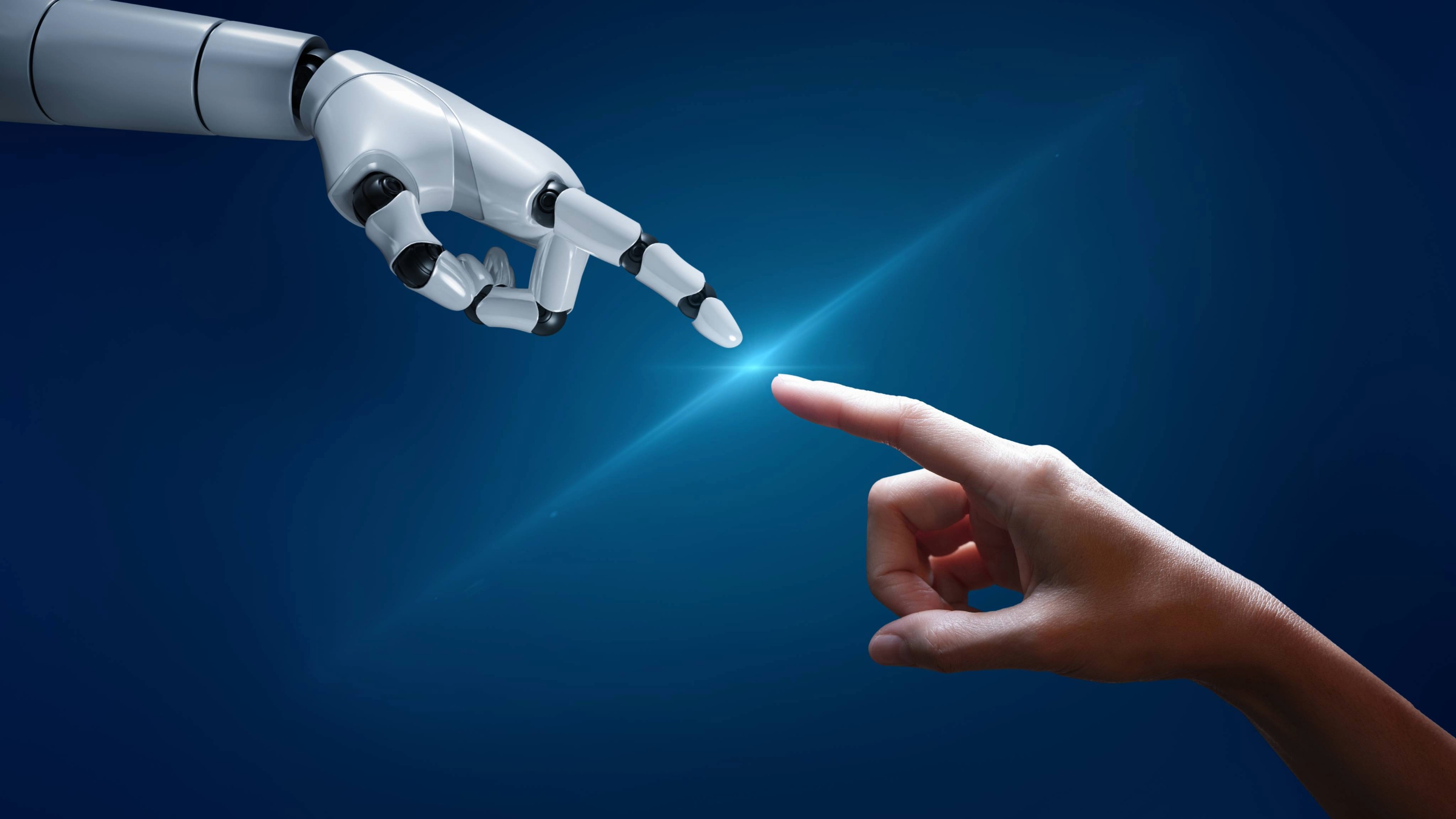 Artificial intelligence robot finger touching to human finger