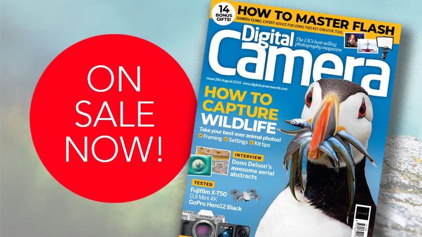 Photo of the front cover of the August 2024 issue of Digital Camera magazine, with an on sale now badge