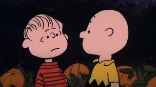 Linus and Charlie talking in the pumpkin patch in It's The Great Pumpkin, Charlie Brown.