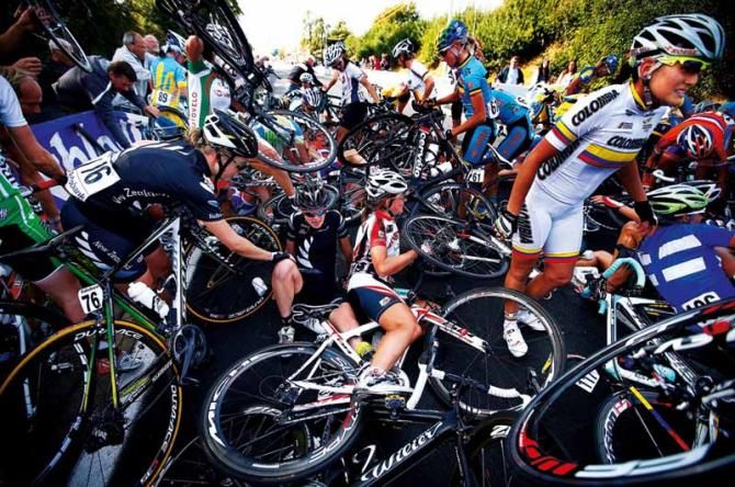 Crash on the Cauberg: A touch of wheels on the second lap during the women's road race led to this crash