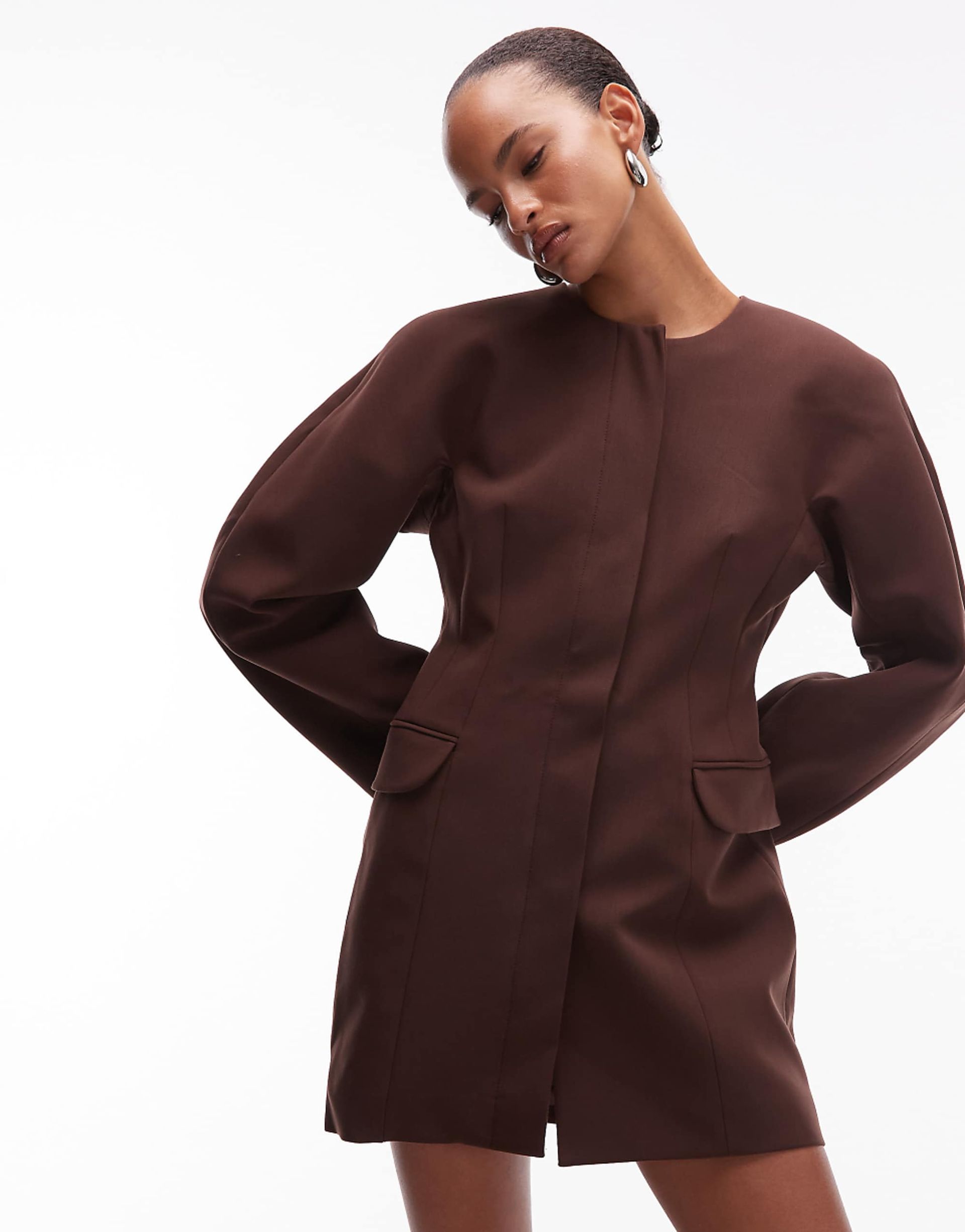 Asos Design Statement Cocoon Sleeve Blazer Dress in Chocolate