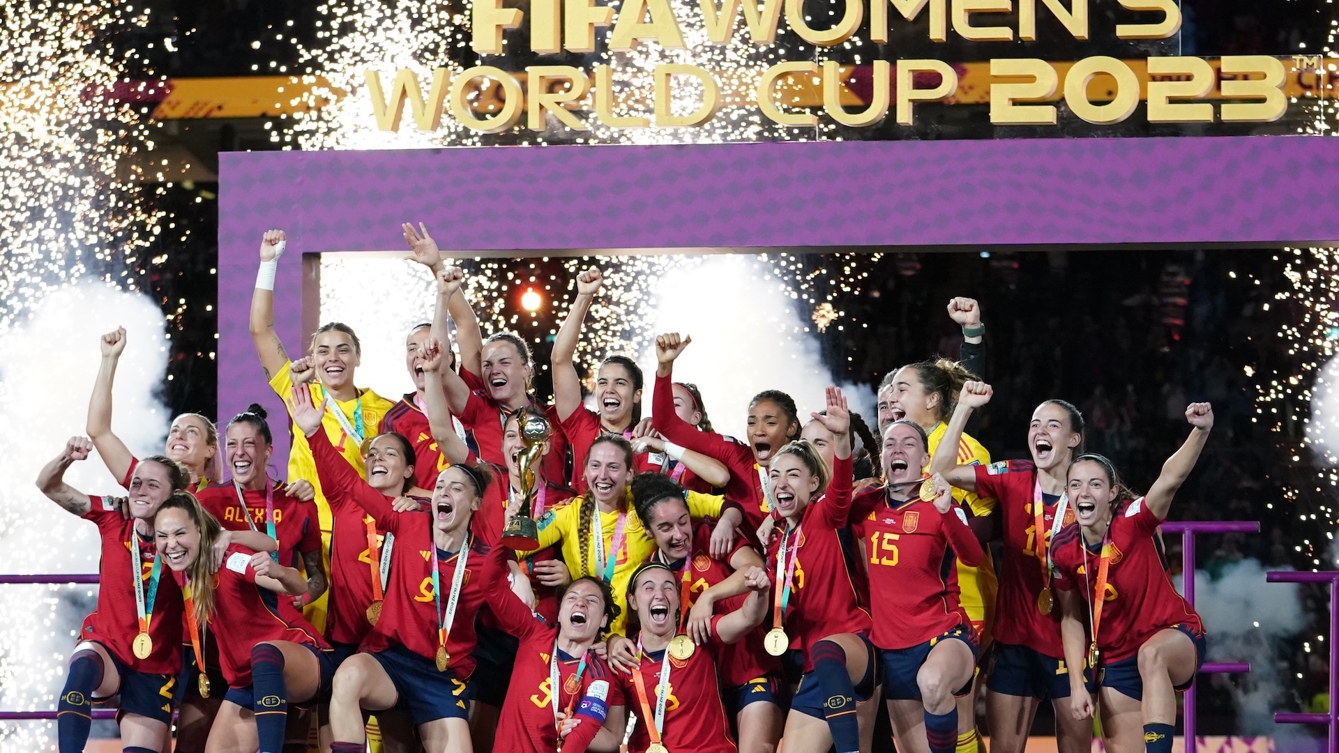 The Spain team in 2023 lifting the World Cup 