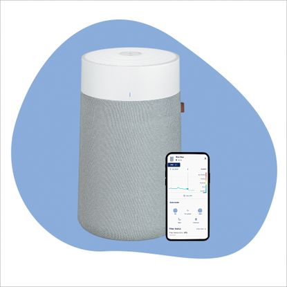 The best air purifier as tested by Ideal Home - the Blueair Blue Max 3250i on a blue background