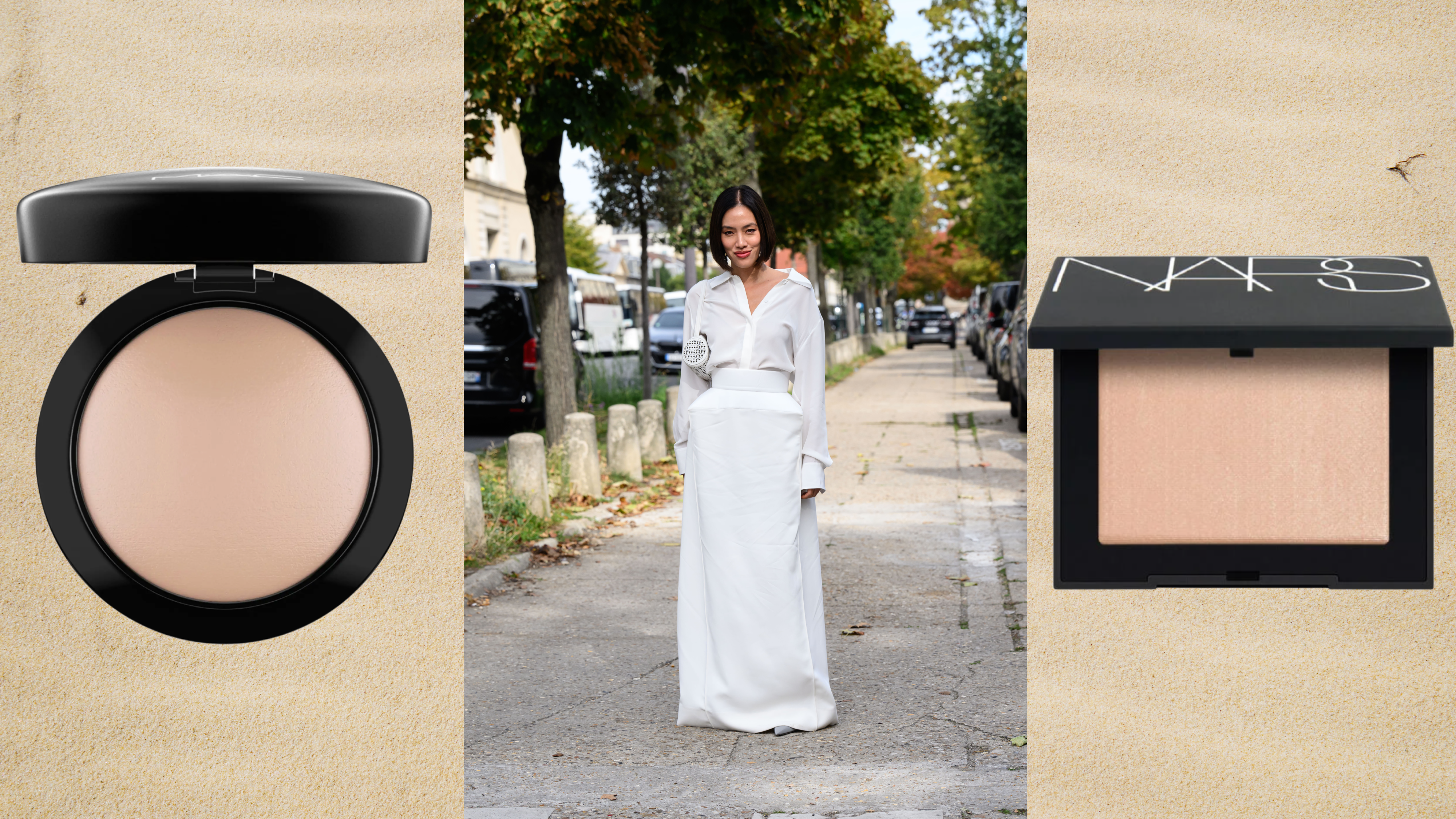 A woman wearing a white dress next to two face powders