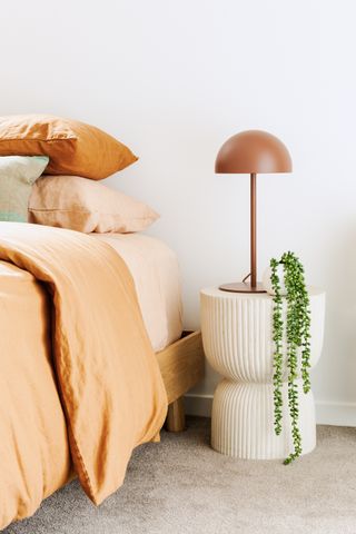A bedside table decorated with lamp and plant
