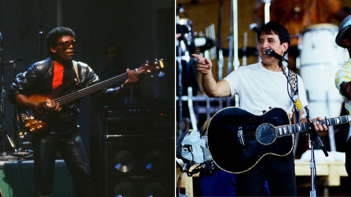 Paul Simon performs on stage during a tour to promote his Graceland album. 