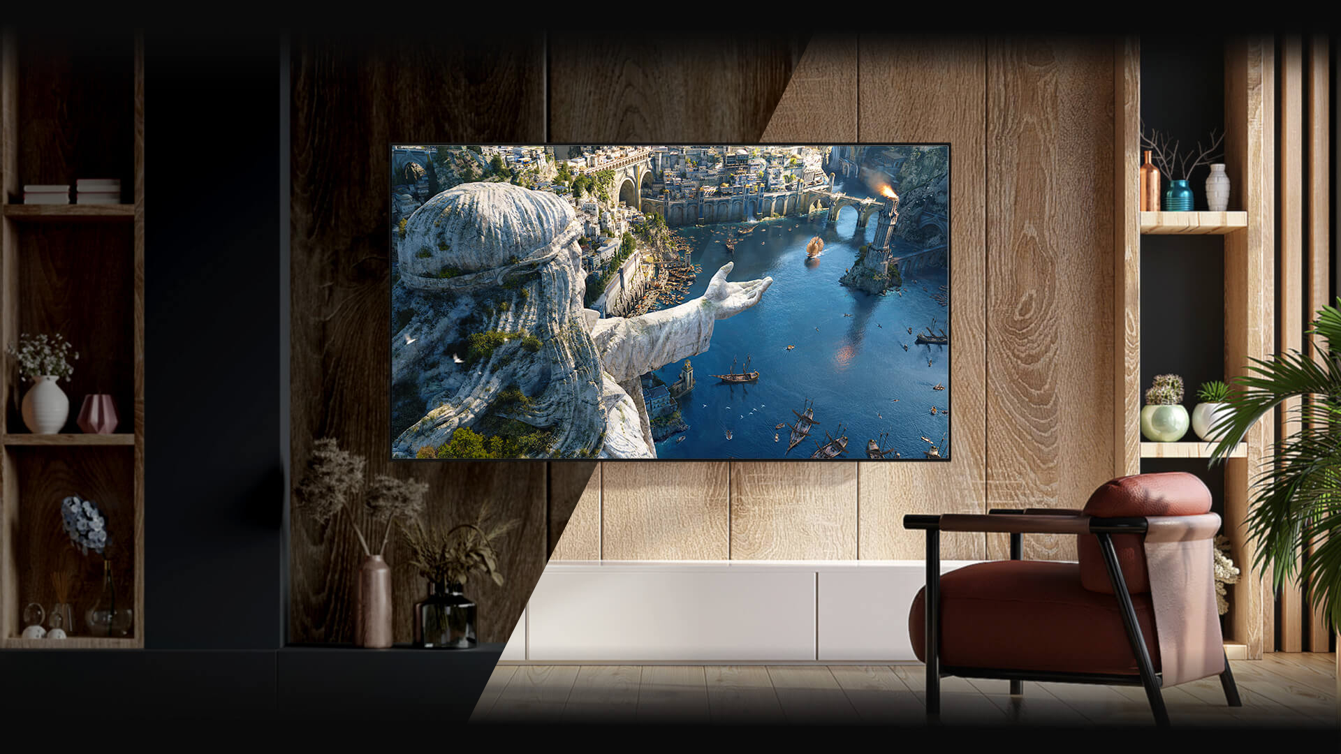 A wall-mounted TV displaying a fantasy sequence in the same living room with two different lighting conditions. The image is split diagonally down the middle to emphasize how the image stays the same in both the dark- and bright-room conditions.