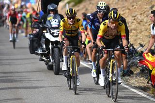 OBSERVATORIO ASTROFSICO DE JAVALAMBRE SPAIN AUGUST 31 LR Jonas Vingegaard of Denmark and Team JumboVisma Enric Mas of Spain and Movistar Team and Primo Roglic of Slovenia and Team JumboVisma compete in the chase group during the 78th Tour of Spain 2023 Stage 6 a 1831km stage from La Vall dUix to Observatorio Astrofsico de Javalambre 1947m UCIWT on August 31 2023 in Observatorio Astrofsico de Javalambre Pico del Buitre Spain Photo by Tim de WaeleGetty Images