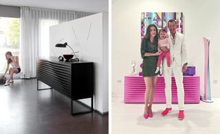 LEFT: A room with a black horizontal rectangular drawer featuring a ripple effect front and 2 open square legs with a clock, lamp and bowl on the drawer photographed from the left angle agasint a white wall. RIGHT: family portrait with Karim Rashid (one the right), his wife on the left and their toddle daughts in their arms in the middle. Standing in front of a pink horizontal rectangular drawer with 2 abstract paintings on the white wall behind them