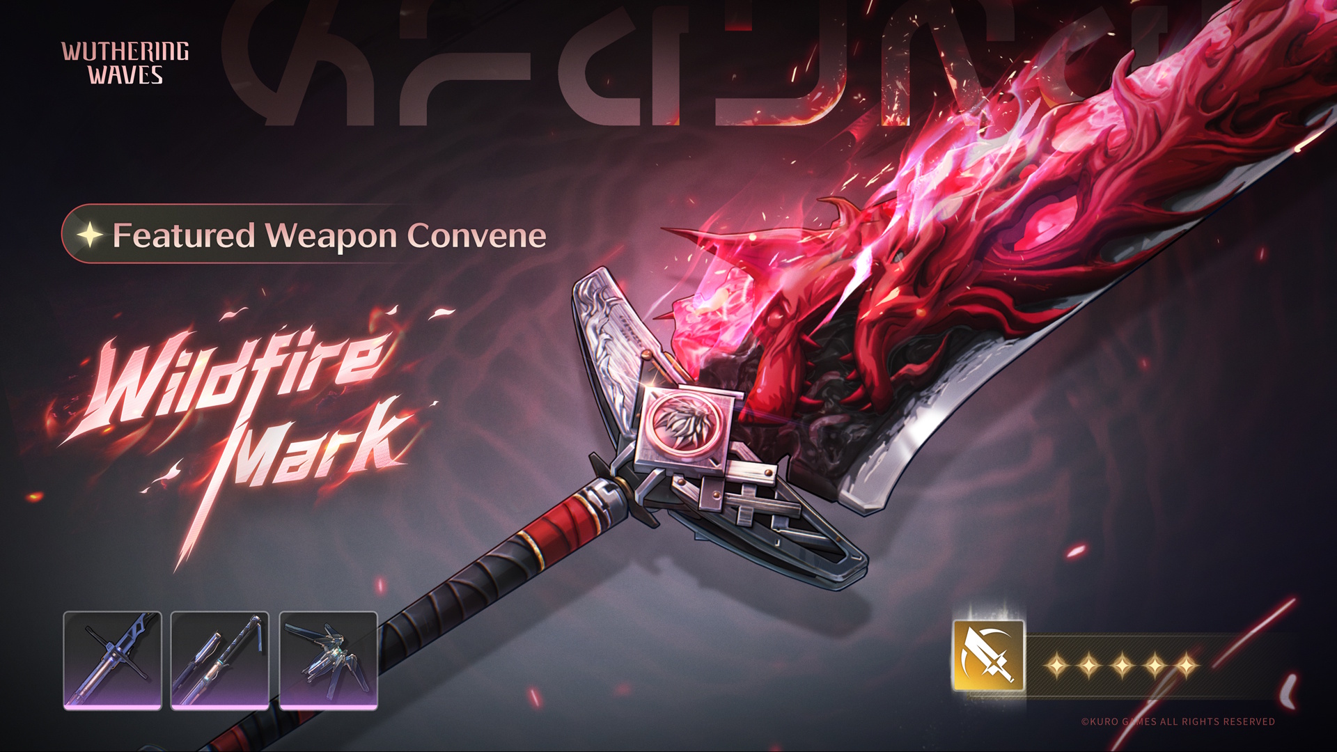 Wuthering Waves current weapon banner - Lupa's signature weapon, the Wildfire Mark broadblade. The four-star weapons boosted on the banner are also displayed.
