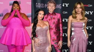 From left to right: Lizzo in bright pink, Megan Fox and Machine Gun Kelly standing together in pink at a premiere and Sydney Sweeney in pink jumpsuit at CinemaCon.
