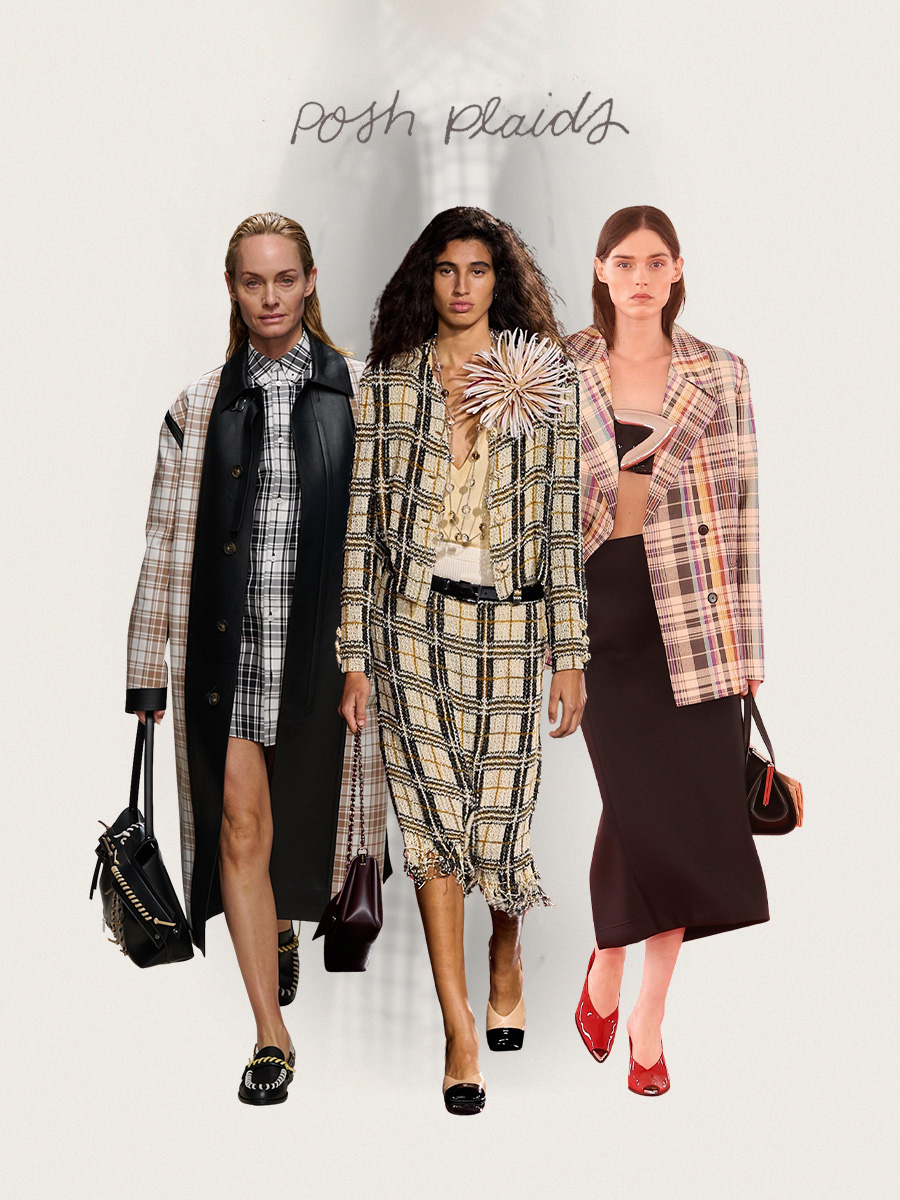 Spring 2026 print trends are shown in a collage of runway images, featuring three models walking down the catwalk wearing the posh plaid print trend. On the left, a model walking in Tod's spring 2026 runway show is wearing a brown-and-white plaid jacket with leather trim, layered over a black-and-white checkered shirt dress, styled with black loafers and a black handbag. In the middle, a model walking in Chanel's spring 2026 runway show is wearing a plaid-print tweed jacket and a matching yellow, tan, and black low-rise midi skirt. The set is styled with a yellow V-neck sweater tucked into exposed white briefs peeking out from the skirt, paired with a long resin bead necklace, a white floral brooch, a black belt, and two-tone tan-and-black slingback heels. On the right, a model walking in Brandon Maxwell's spring 2026 runway show is wearing a posh plaid-print blazer in gray, pink, yellow, white, purple, and red. The blazer is styled with a black bra top, a black pencil skirt, red pointed toe peep=toe pumps, and black frame bag.