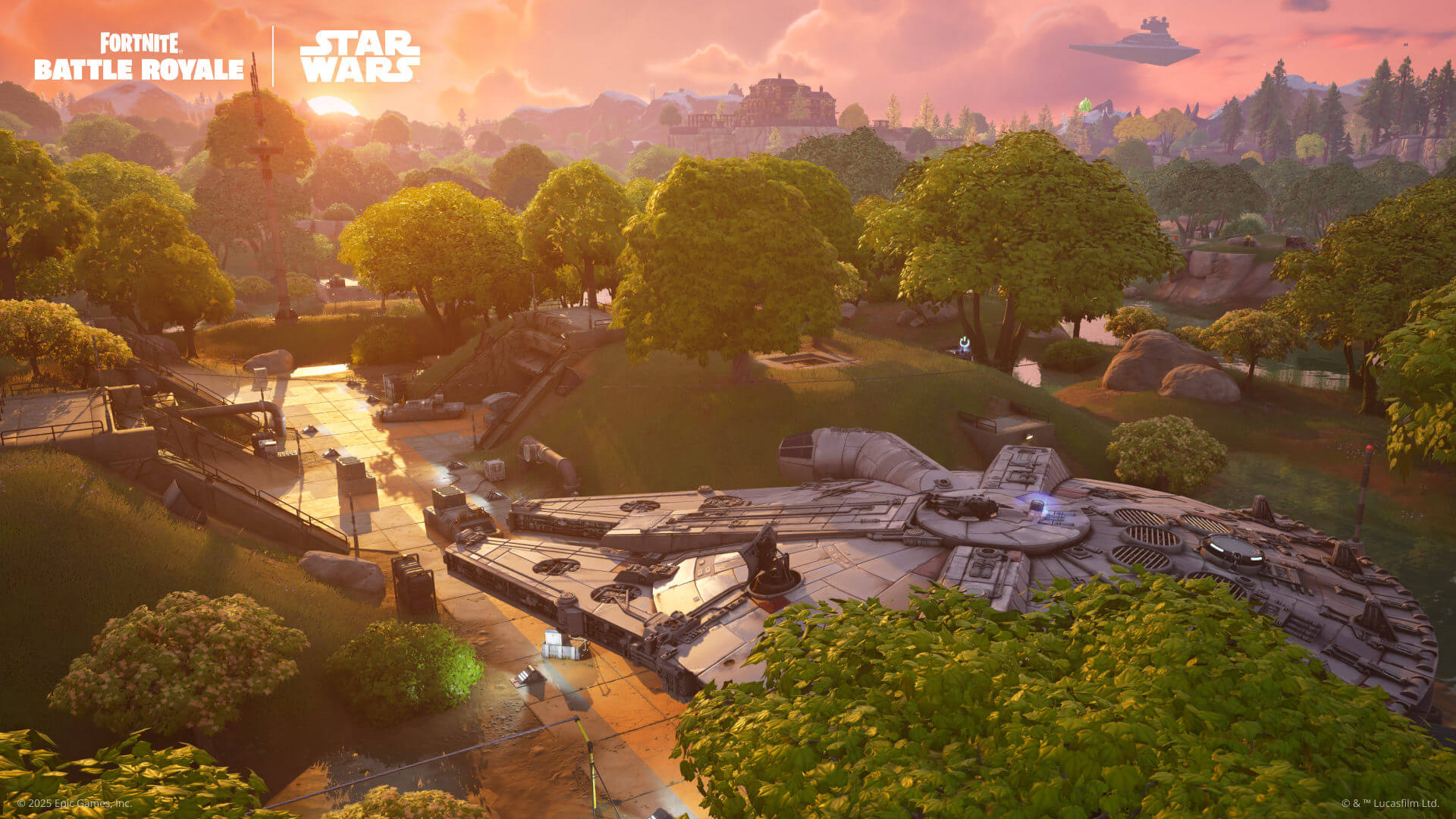 The Millennium Falcon docked at a forest Resistance Base