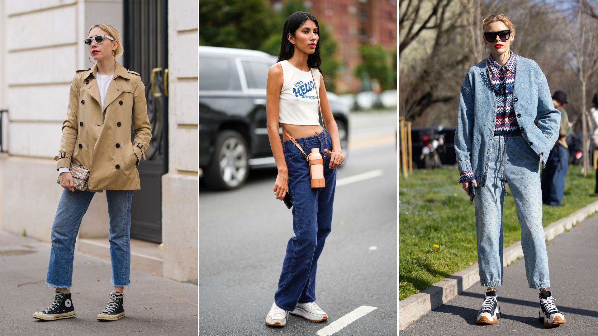 Geteiltes Bild von Stylistin Emy Venturini @sustainably_by_emy trägt eine weiße Ray-Ban-Sonnenbrille, eine beige Jacke von Burberry, einen weißen Pullover von CDG Comme des garçons, kurze blaue Jeanshosen von Levi's, eine Clutch von Agnona, Sneakers und Knöchelschuhe von Converse; Ein Gast trägt ein silbernes Piercing, ein beiges, kurzes Tanktop mit blauem Druckmuster, einen braunen, glänzenden Wasserflaschenhalter aus Leder, eine beige, matte Metallic-Wasserflasche, eine dunkelblaue Jeans-Schlaghose und weiße Knöchelsneaker aus Stoff/Plateausohle von Converse; Ein Gast ist vor der Missoni-Modenschau in Jeansjacke und Hose während der Mailänder Modewoche Herbst/Winter 2022/2023 am 25. Februar 2022 in Mailand, Italien, zu sehen.