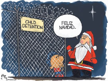 Political cartoon U.S. migrant detention center children Christmas Santa Feliz Navidad