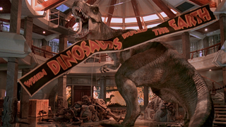 Roberta the T-Rex roars trumphantly, as a banner falls down, in Jurassic Park.