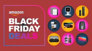 Assorted tech products on a red background with Black Friday Amazon deals text overlay