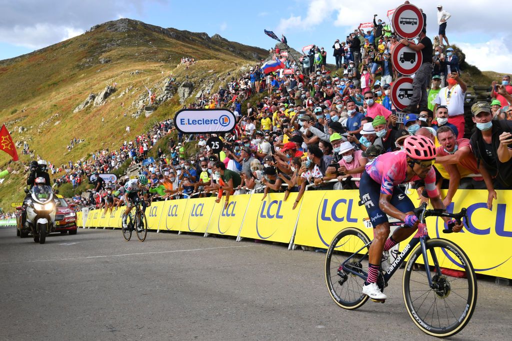 CANTAL FRANCE SEPTEMBER 11 Arrival Daniel Felipe Martinez Poveda of Colombia and Team EF Pro Cycling Lennard Kamna of Germany and Team Bora Hansgrohe Fans Public Landscape during the 107th Tour de France 2020 Stage 13 a 1915km stage from ChtelGuyon to Pas de PeyrolLe Puy Mary Cantal 1589m TDF2020 LeTour on September 11 2020 in Cantal France Photo by Stuart FranklinGetty Images