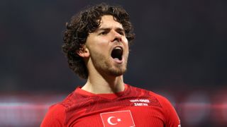 Ferdi Kadioglu of Turkiye celebrates scoring his team's first goal during the FIFA World Cup 2026 European Qualifiers KO play-offs match between T&uuml;rki̇ye and Romania at Besiktas Park on March 26, 2026 in Istanbul, Turkey. 