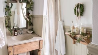 festive bathroom styled for guests