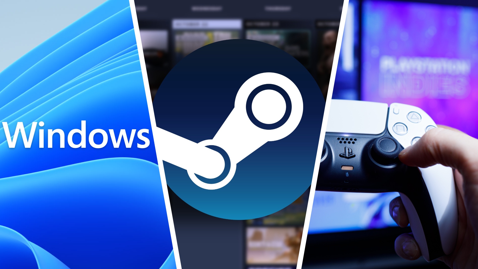 Composite image of Windows text, Steam logo, and hand holding DualSense controller