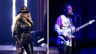 Left - Beyoncé accepts the Innovator Award onstage during the 2024 iHeartRadio Music Awards at Dolby Theatre in Los Angeles, California on April 01, 2024; Right - Justus West performs during Future X Sounds Concert at John Anson Ford Amphitheatre on August 31, 2019 in Hollywood, California