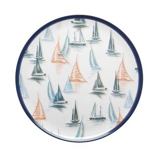 boat printed navy boundaries round platter