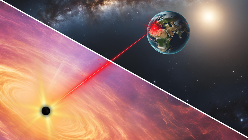 An illustration shows a high-energy neutrino escaping a supermassive black hole then arriving at Earth after traversing vast cosmic distances