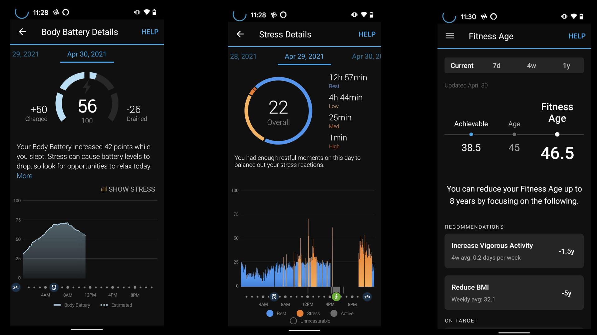 Garmin Venu 2 screenshots showing Body Battery, Stress Details, and Fitness Age tracking