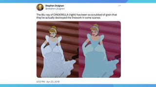 A screenshot of a tweet showing a comparison of the original Cinderella movie vs the remastered version