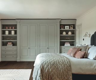 bedroom with pale grey fitted wardrobes