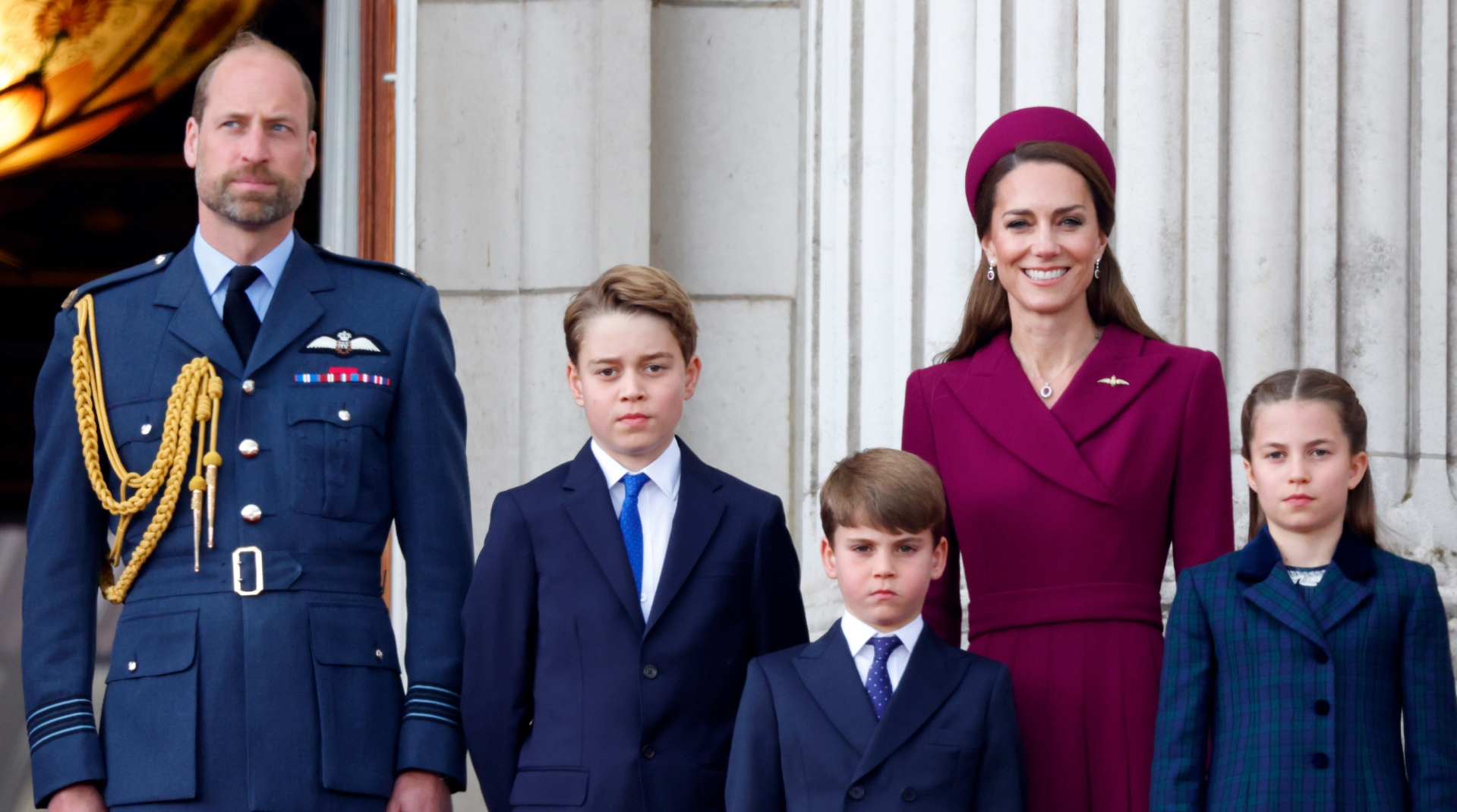 Prince William and Princess Kate stand on Buckingham Palace balcony with their children, Princess Charlotte, Prince George, and Prince Louis