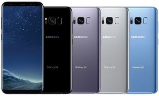The Galaxy S8 colors, including Midnight Black, Orchid Gray, Arctic Silver, and the new Coral Blue.