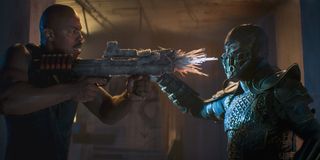 Mehcad Brooks shoots his frozen shotgun at Joe Taslim in Mortal Kombat.