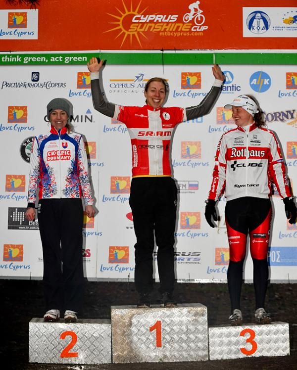 Women's stage 3 podium: Janka Stevkova (Ck Epic Dohnany), Annika Langvad (HMTBK), Alexandra Engen (Rothaus-Cube)