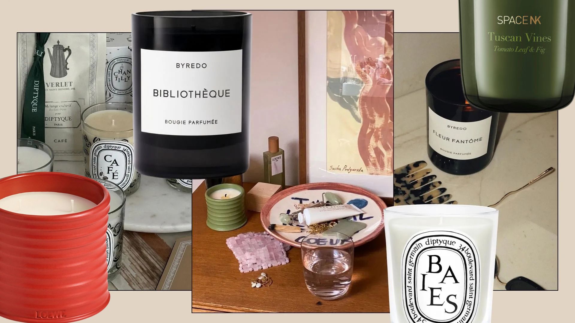 A collage of different candles, from Byredo to Diptyque and Loewe to SpaceNK