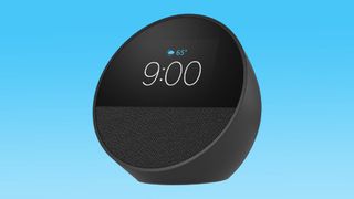 Black Amazon Echo Spot smart speaker against white background